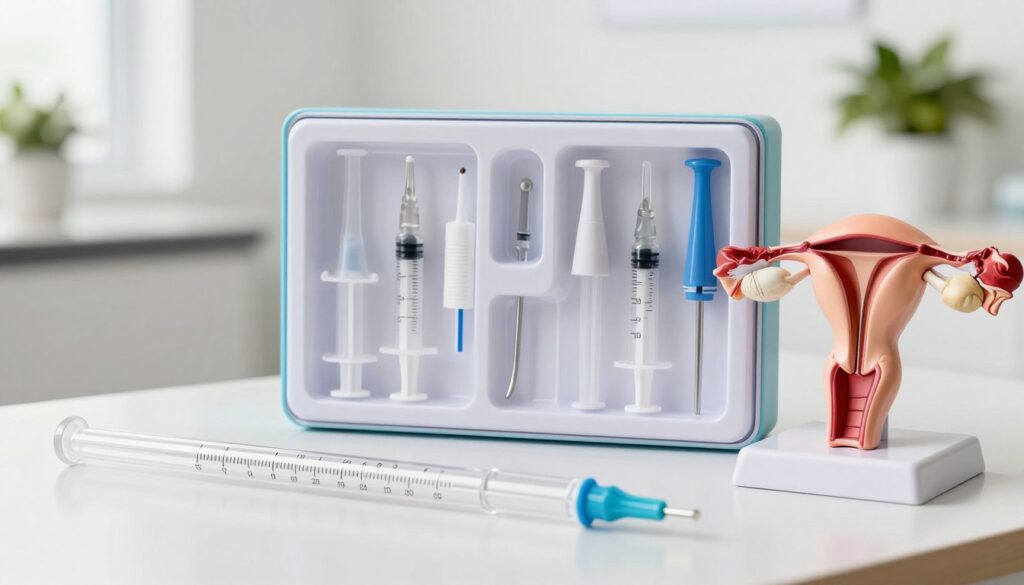 A detailed illustration of a Tubo Method kit, prominently featuring the tubal catheter and accompanying medical instruments, arranged on a sterile surface in a well-lit clinical setting. The foreground includes a sleek, transparent catheter with measurement markings, next to colorful anatomical models of the female reproductive system. In the middle, display the Tubo Method kit package with organized compartments containing tools such as syringes and suction devices, reflecting professionalism. The background is softly blurred to suggest a medical clinic environment, with soft white walls and a hint of green from potted plants. Use soft, natural lighting to create a calm and supportive atmosphere, illustrating the theme of women's health and care. The branding "Women's Health PH" subtly visible on the kit packaging without textual overlays. A detailed illustration of a Tubo Method kit, prominently featuring the tubal catheter and accompanying medical instruments, arranged on a sterile surface in a well-lit clinical setting. The foreground includes a sleek, transparent catheter with measurement markings, next to colorful anatomical models of the female reproductive system. In the middle, display the Tubo Method kit package with organized compartments containing tools such as syringes and suction devices, reflecting professionalism. The background is softly blurred to suggest a medical clinic environment, with soft white walls and a hint of green from potted plants. Use soft, natural lighting to create a calm and supportive atmosphere, illustrating the theme of women's health and care. The branding "Women's Health PH" subtly visible on the kit packaging without textual overlays.