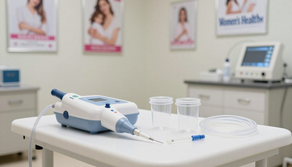 A professional medical setting featuring a close-up view of a Manual Vacuum Aspiration (MVA) kit, designed for use in cases of delayed pregnancy complications. The kit should be arranged neatly on a sterile, white surgical table, showcasing its components: a vacuum suction device, clear canisters, and sterile tubing. In the background, a soft-focus image of a well-lit, clean examination room with medical posters about women's health, including the brand name “Women’s Health PH”, helps set the context. The lighting should be bright yet soft, creating a calm and reassuring atmosphere. The image should be shot at eye level, capturing the professionalism and seriousness of the medical procedure while ensuring the environment conveys support and care for women’s health concerns. A professional medical setting featuring a close-up view of a Manual Vacuum Aspiration (MVA) kit, designed for use in cases of delayed pregnancy complications. The kit should be arranged neatly on a sterile, white surgical table, showcasing its components: a vacuum suction device, clear canisters, and sterile tubing. In the background, a soft-focus image of a well-lit, clean examination room with medical posters about women's health, including the brand name “Women’s Health PH”, helps set the context. The lighting should be bright yet soft, creating a calm and reassuring atmosphere. The image should be shot at eye level, capturing the professionalism and seriousness of the medical procedure while ensuring the environment conveys support and care for women’s health concerns.