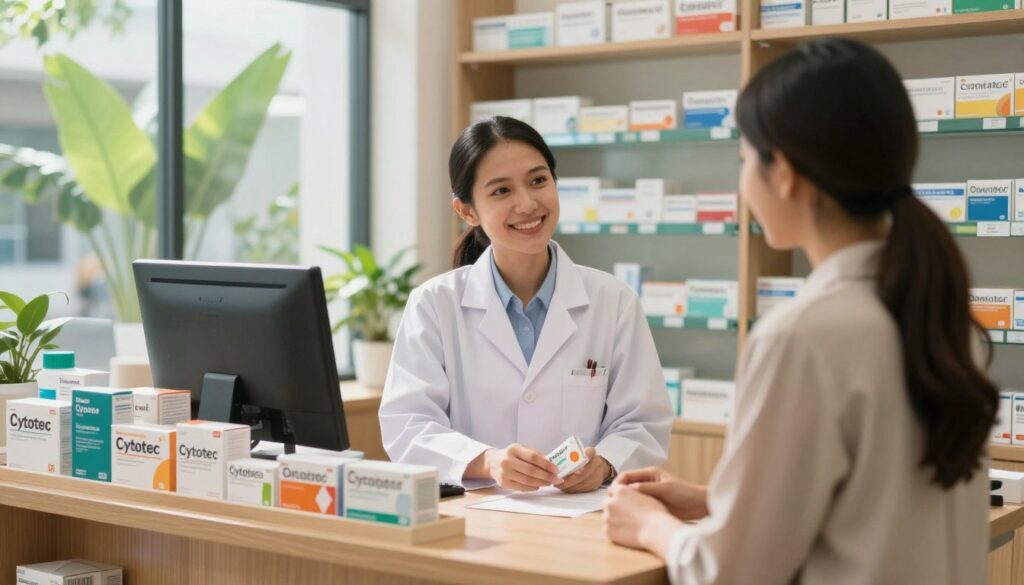 A serene pharmacy interior in the Philippines, focusing on a well-organized display of authentic Cytotec packages on a wooden counter. In the foreground, a knowledgeable pharmacist, dressed in a crisp white coat, assists a customer, both smiling and engaged in conversation about medication safety. The middle ground features neatly arranged shelves filled with pharmaceutical products and vibrant greenery peeking through a window, creating a calming atmosphere. Natural light pours in, illuminating the scene and highlighting the professionalism of the environment. The background includes soft shadows and blurred shelves, suggesting a bustling yet approachable pharmacy. The overall mood is reassuring and informative, emphasizing trust and safety in purchasing medication. A serene pharmacy interior in the Philippines, focusing on a well-organized display of authentic Cytotec packages on a wooden counter. In the foreground, a knowledgeable pharmacist, dressed in a crisp white coat, assists a customer, both smiling and engaged in conversation about medication safety. The middle ground features neatly arranged shelves filled with pharmaceutical products and vibrant greenery peeking through a window, creating a calming atmosphere. Natural light pours in, illuminating the scene and highlighting the professionalism of the environment. The background includes soft shadows and blurred shelves, suggesting a bustling yet approachable pharmacy. The overall mood is reassuring and informative, emphasizing trust and safety in purchasing medication.