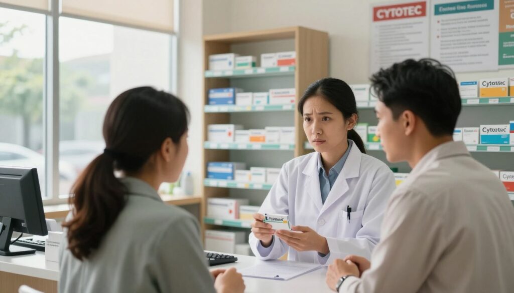 A well-organized pharmacy setting in the Philippines, showing a bright and welcoming environment. In the foreground, a pharmacist in professional attire provides guidance to a patient, both engaged in a serious discussion about Cytotec. The patient appears concerned but hopeful, reflecting the urgency of understanding medication. In the middle ground, neatly arranged medication shelves display Cytotec with clear labels, emphasizing its importance. Soft, natural lighting filters through a large window, casting gentle shadows that add warmth to the scene. The background includes posters about health information and testimonials, enhancing the educational atmosphere. The overall mood conveys trust and professionalism, inviting readers to learn more about Cytotec's medical applications. A well-organized pharmacy setting in the Philippines, showing a bright and welcoming environment. In the foreground, a pharmacist in professional attire provides guidance to a patient, both engaged in a serious discussion about Cytotec. The patient appears concerned but hopeful, reflecting the urgency of understanding medication. In the middle ground, neatly arranged medication shelves display Cytotec with clear labels, emphasizing its importance. Soft, natural lighting filters through a large window, casting gentle shadows that add warmth to the scene. The background includes posters about health information and testimonials, enhancing the educational atmosphere. The overall mood conveys trust and professionalism, inviting readers to learn more about Cytotec's medical applications.
